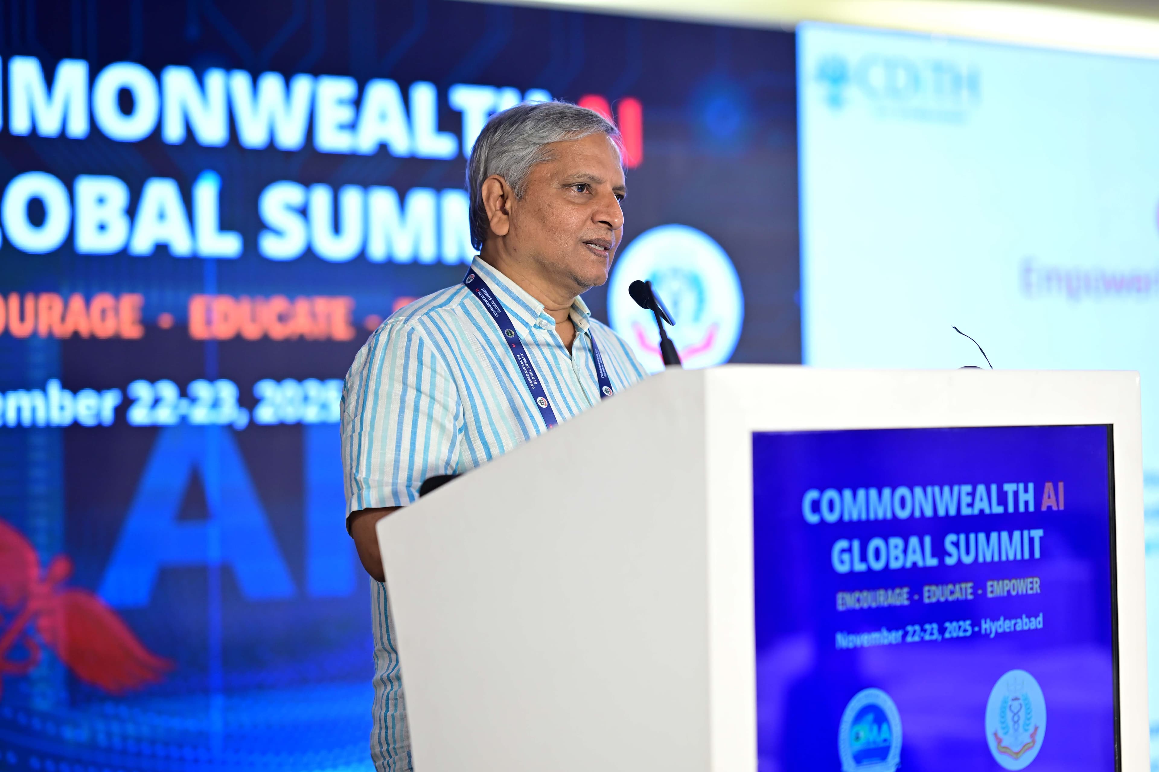 A speaker addressing delegates at the Commonwealth AI Global Summit 2025, Hyderabad