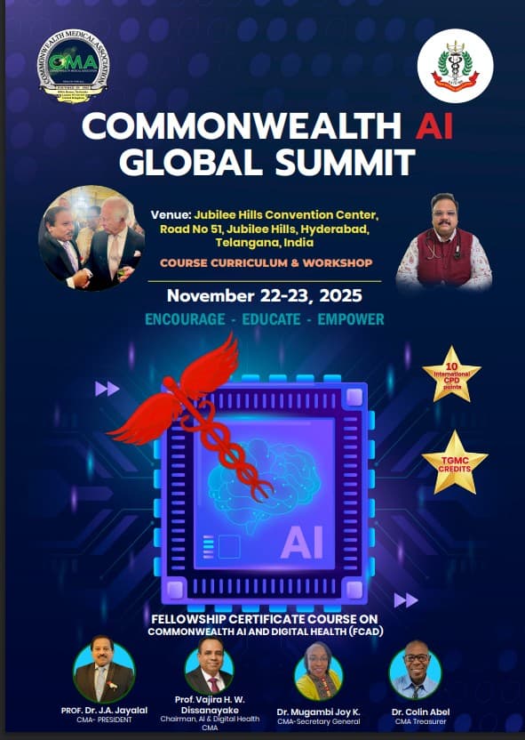 Official poster for the Commonwealth AI Global Summit 2025, chaired by Dr. Prabhukumar Challagali's AI & Digital Health committee